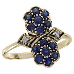 Blue Sapphire and Diamond Vintage Style Floral Ring in Solid 9K Yellow Gold