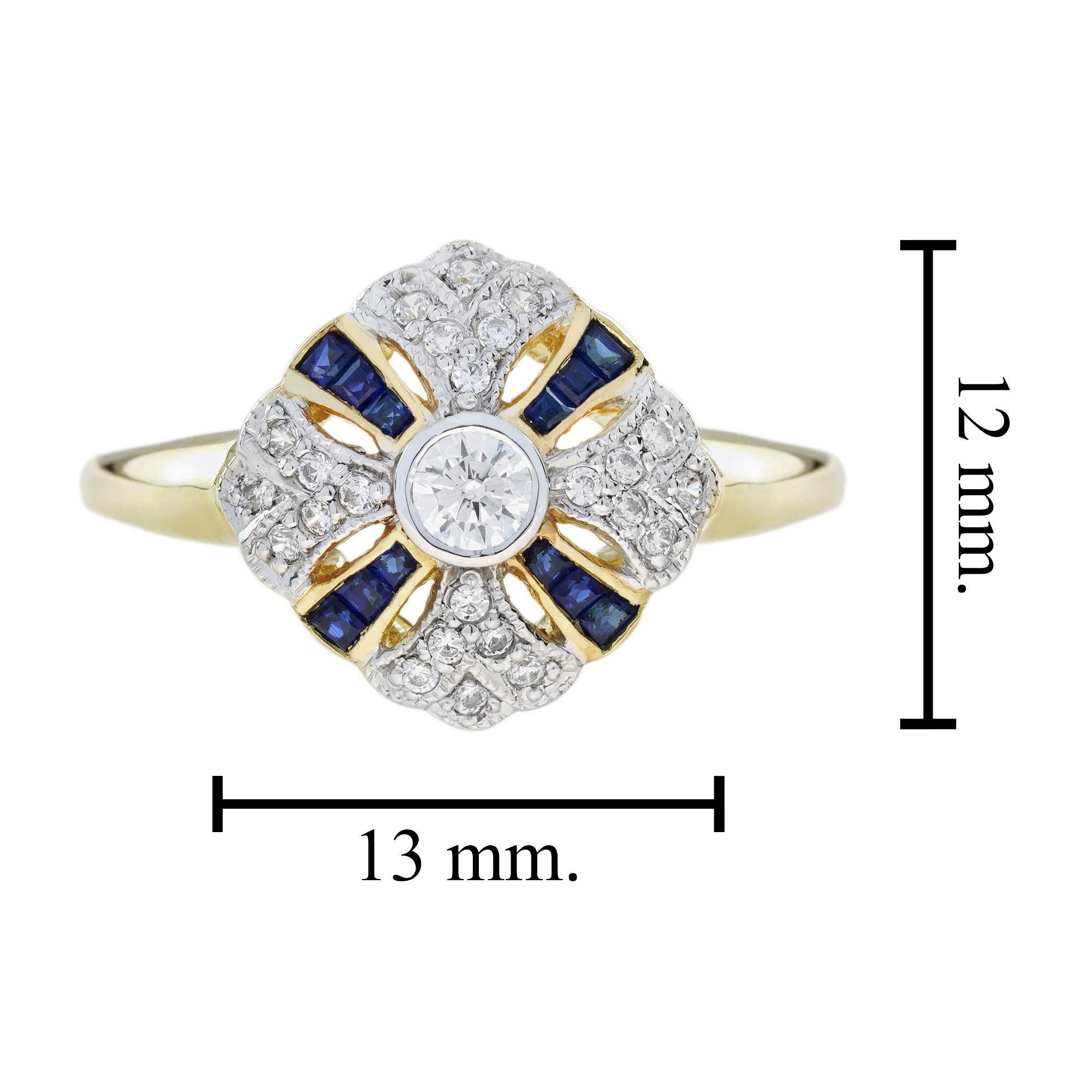 Ring mit blauem Saphir und Diamant im Vintage-Stil aus zweifarbigem 14-karätigem Gold Damen im Angebot