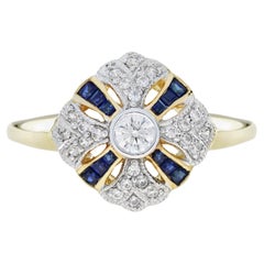 Bague de style vintage en or bicolore 14 carats, saphir bleu et diamant