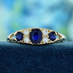 Blue Sapphire and Diamond Vintage Style Ring in Solid 9K Yellow Gold