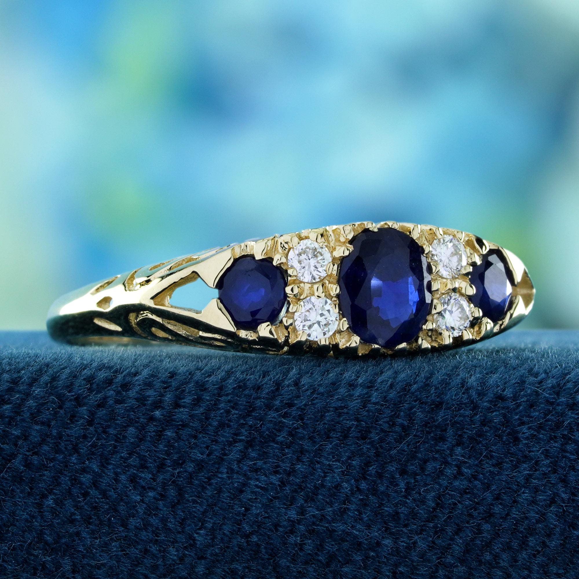 Edwardian Blue Sapphire and Diamond Vintage Style Ring in Solid 9K Yellow Gold For Sale