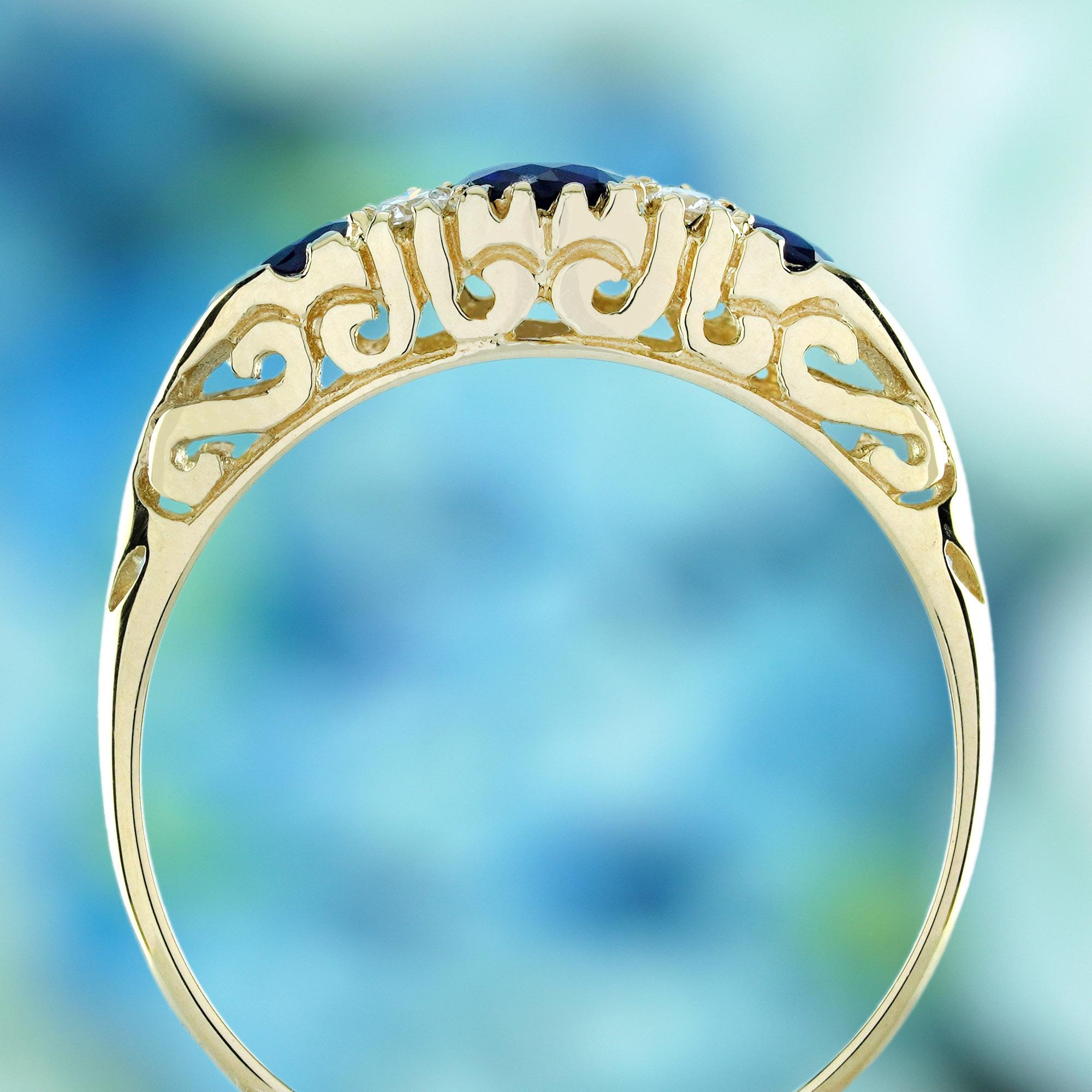Blue Sapphire and Diamond Vintage Style Ring in Solid 9K Yellow Gold In New Condition For Sale In Bangkok, TH
