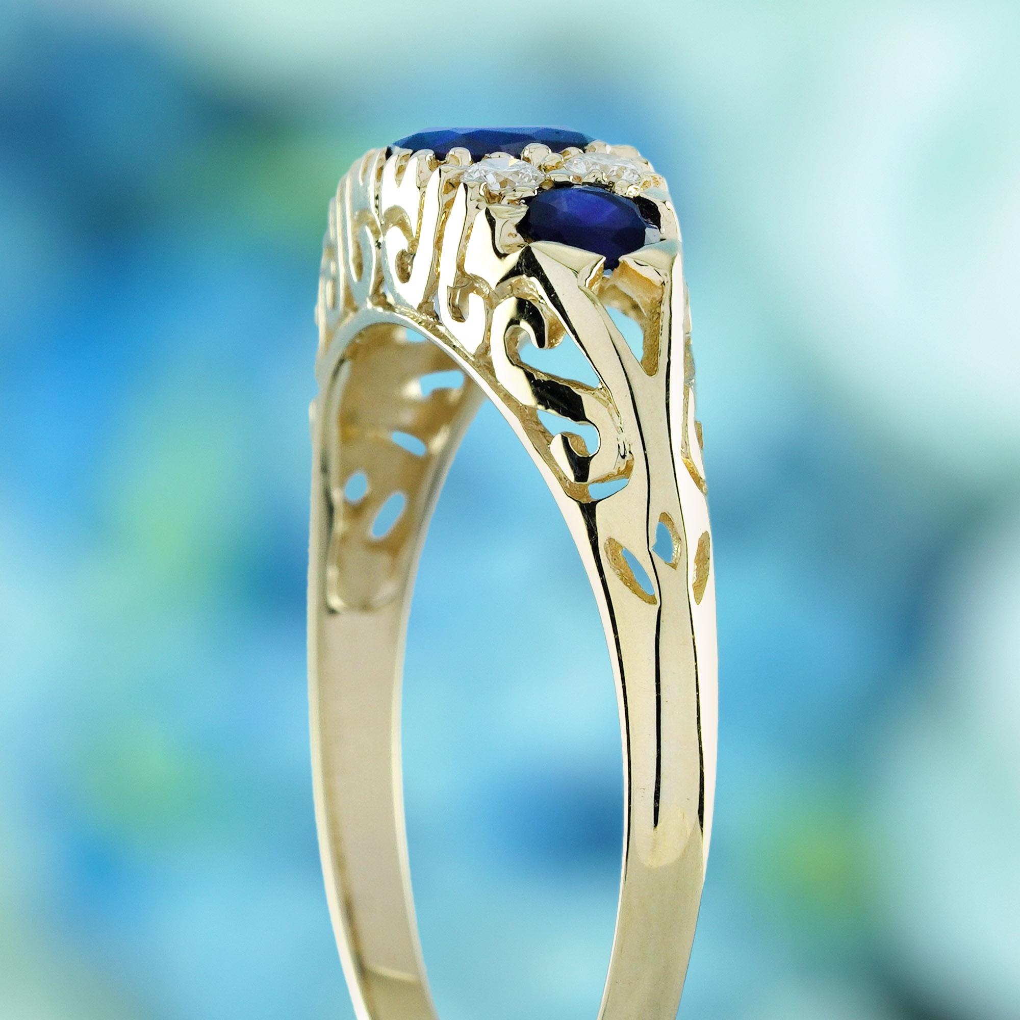 Bague de style vintage en or jaune 9 carats, saphir bleu et diamant Pour femmes en vente