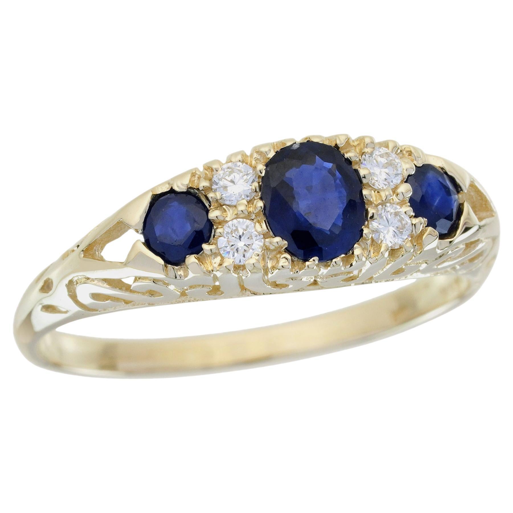 Blue Sapphire and Diamond Vintage Style Ring in Solid 9K Yellow Gold