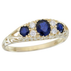 Blue Sapphire and Diamond Vintage Style Ring in Solid 9K Yellow Gold