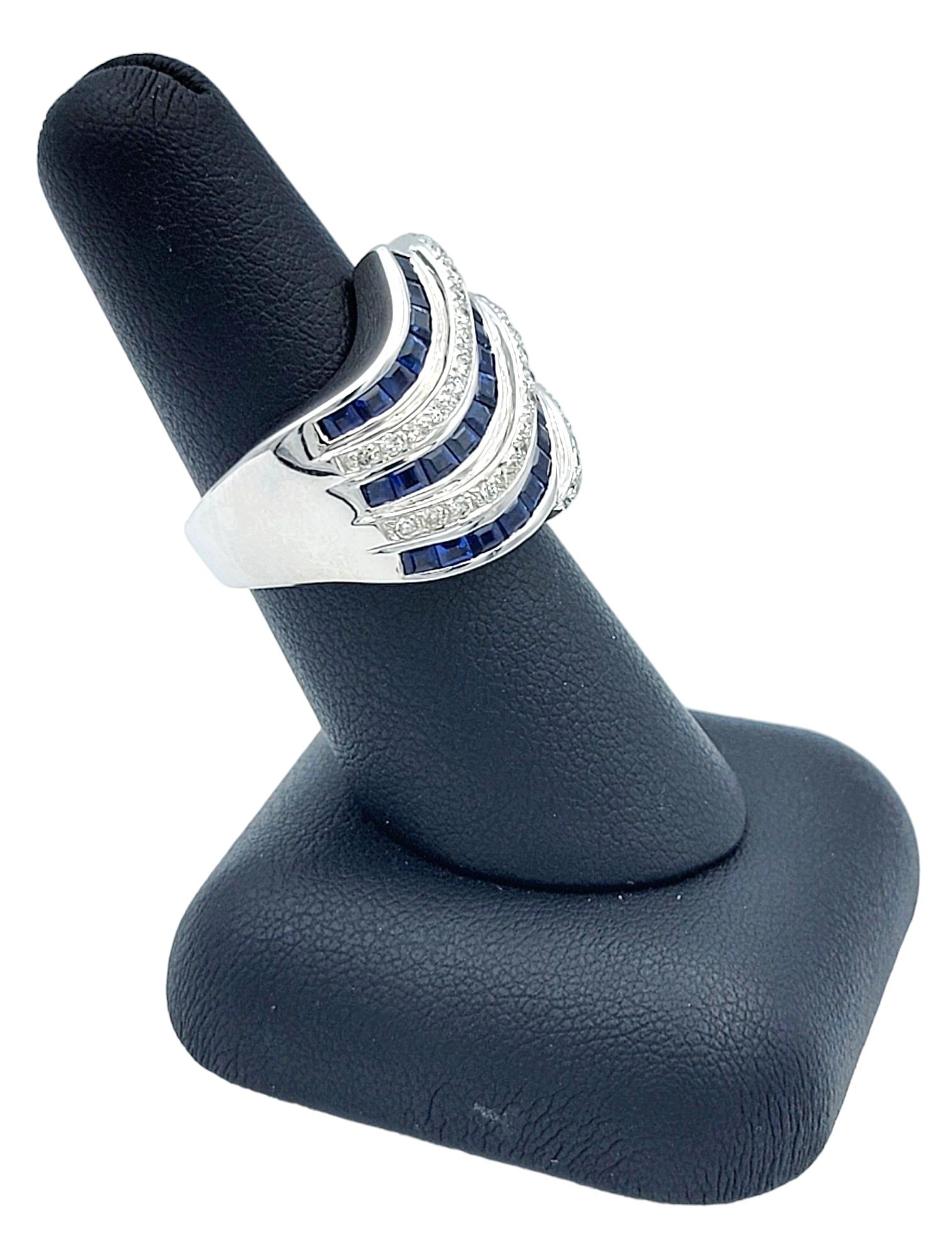 Blue Sapphire and Diamond Wave Design Wide Band Ring Set in 18 Karat White Gold For Sale 4