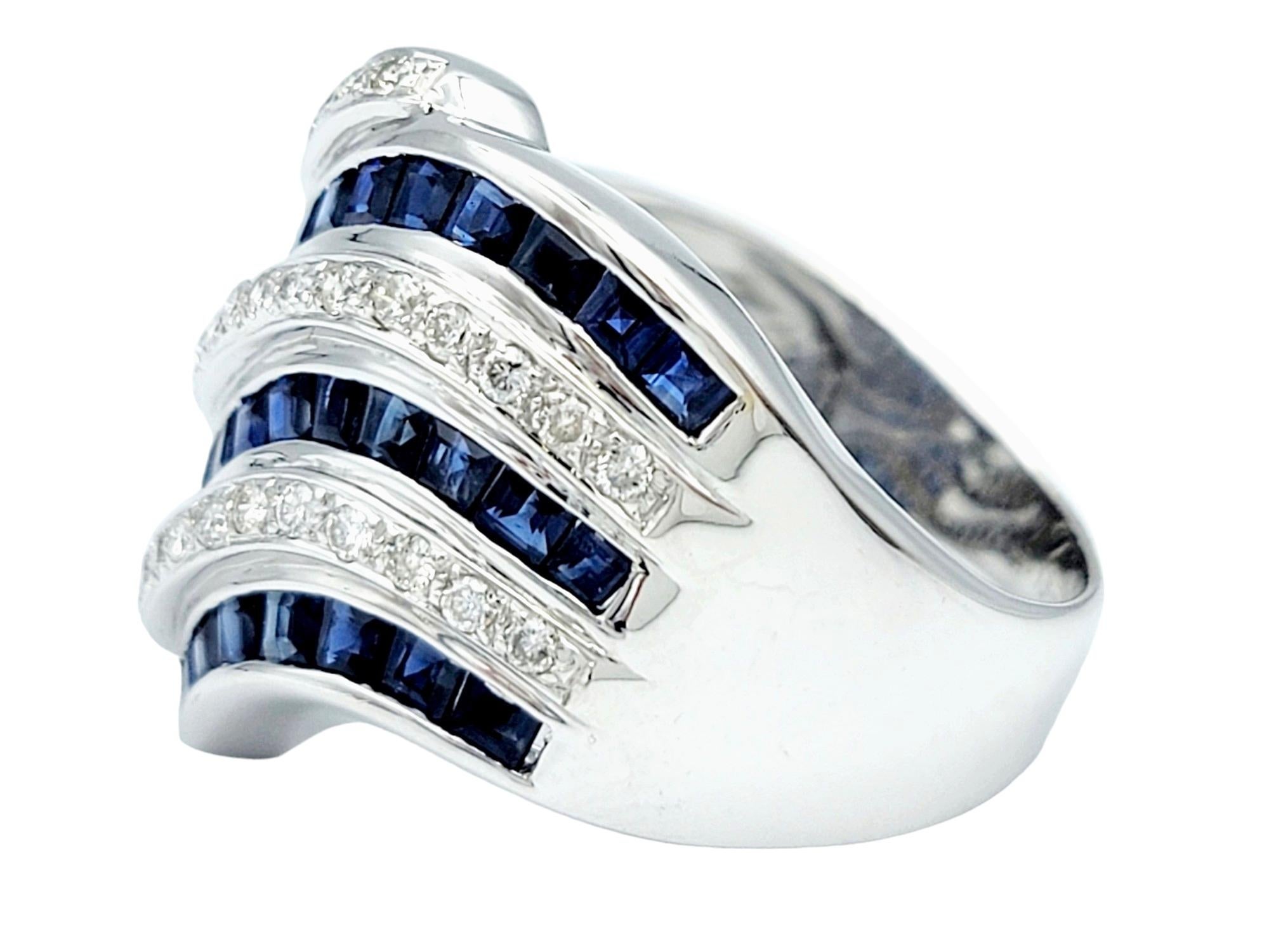 Princess Cut Blue Sapphire and Diamond Wave Design Wide Band Ring Set in 18 Karat White Gold For Sale