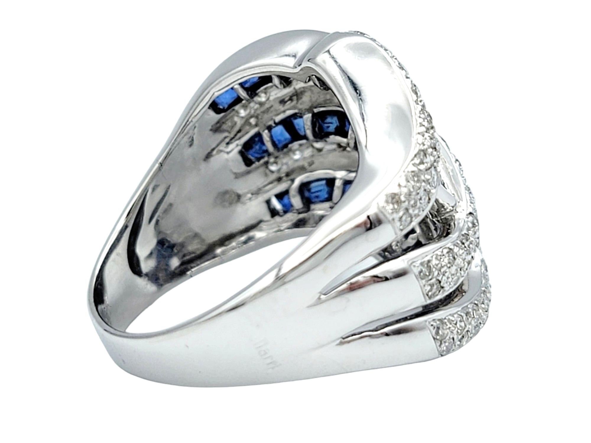 Blue Sapphire and Diamond Wave Design Wide Band Ring Set in 18 Karat White Gold In Good Condition For Sale In Scottsdale, AZ