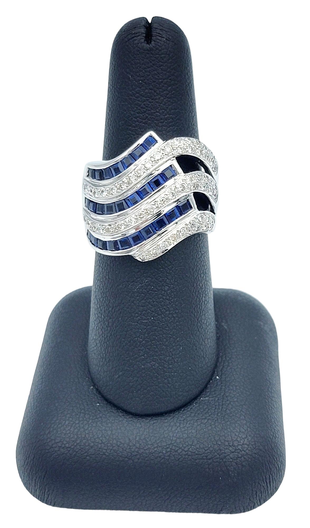 Blue Sapphire and Diamond Wave Design Wide Band Ring Set in 18 Karat White Gold For Sale 3