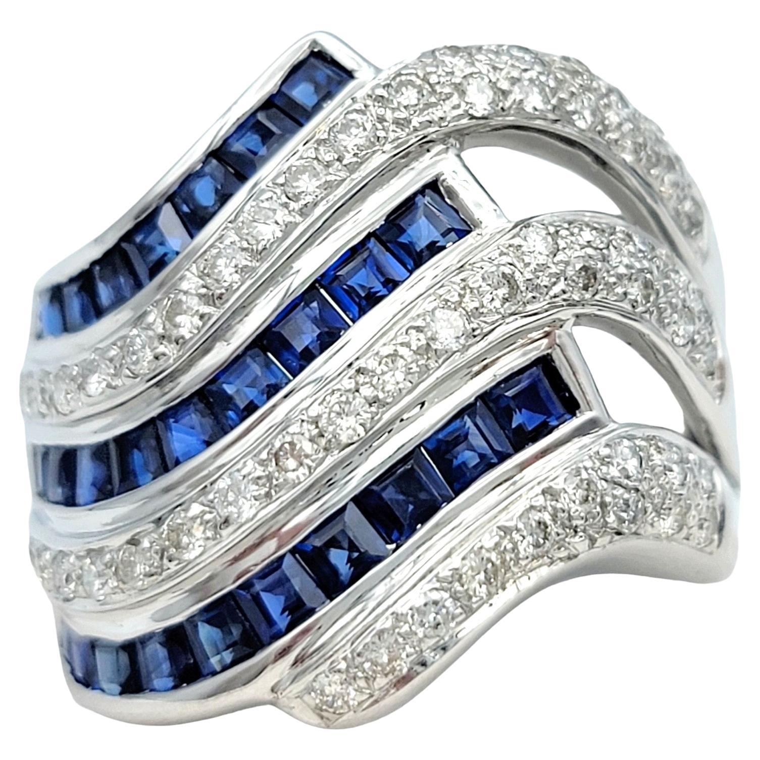 Blue Sapphire and Diamond Wave Design Wide Band Ring Set in 18 Karat White Gold