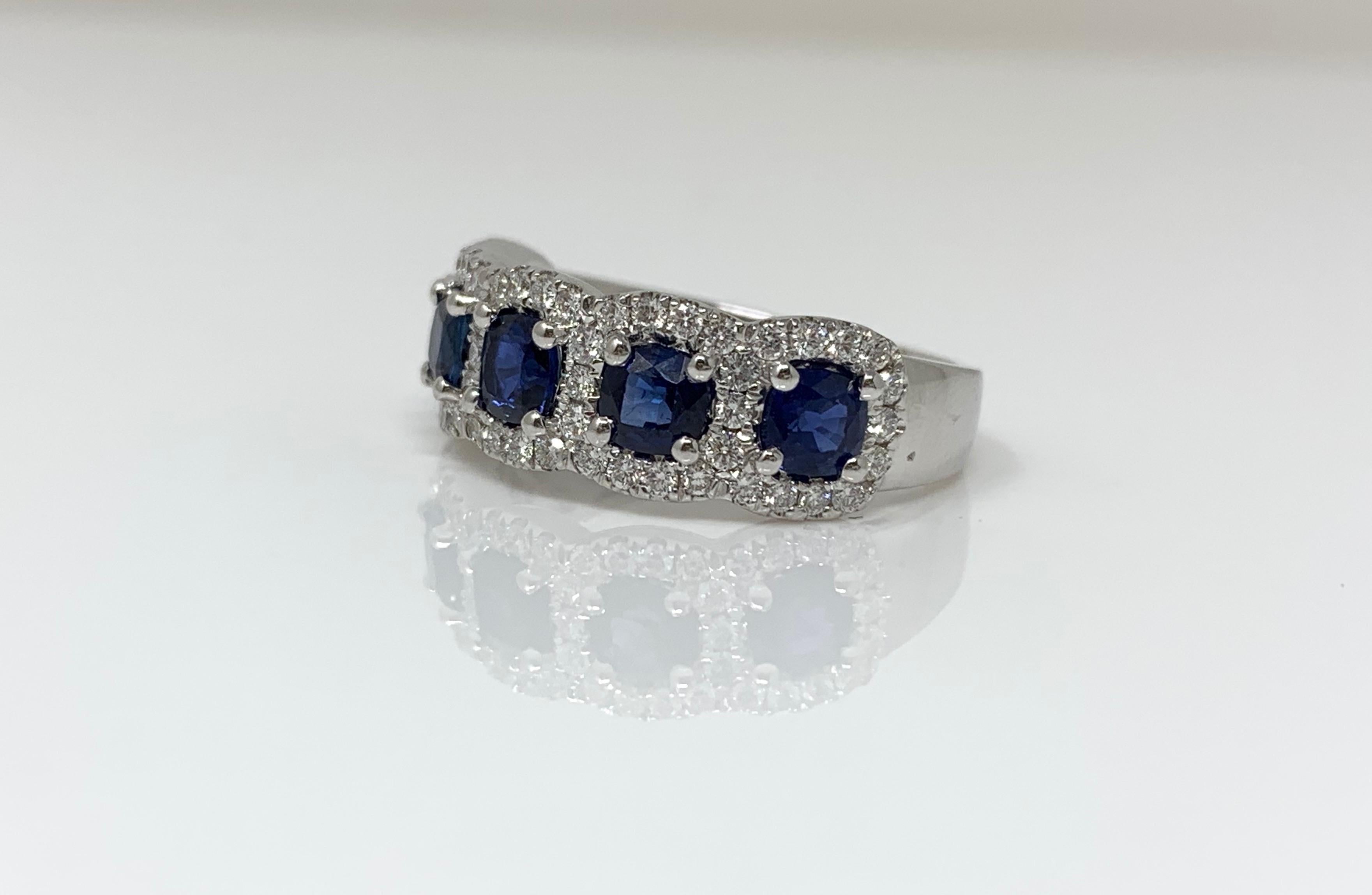 Contemporary Blue Sapphire and Diamond Wedding Band in 18 Karat White Gold