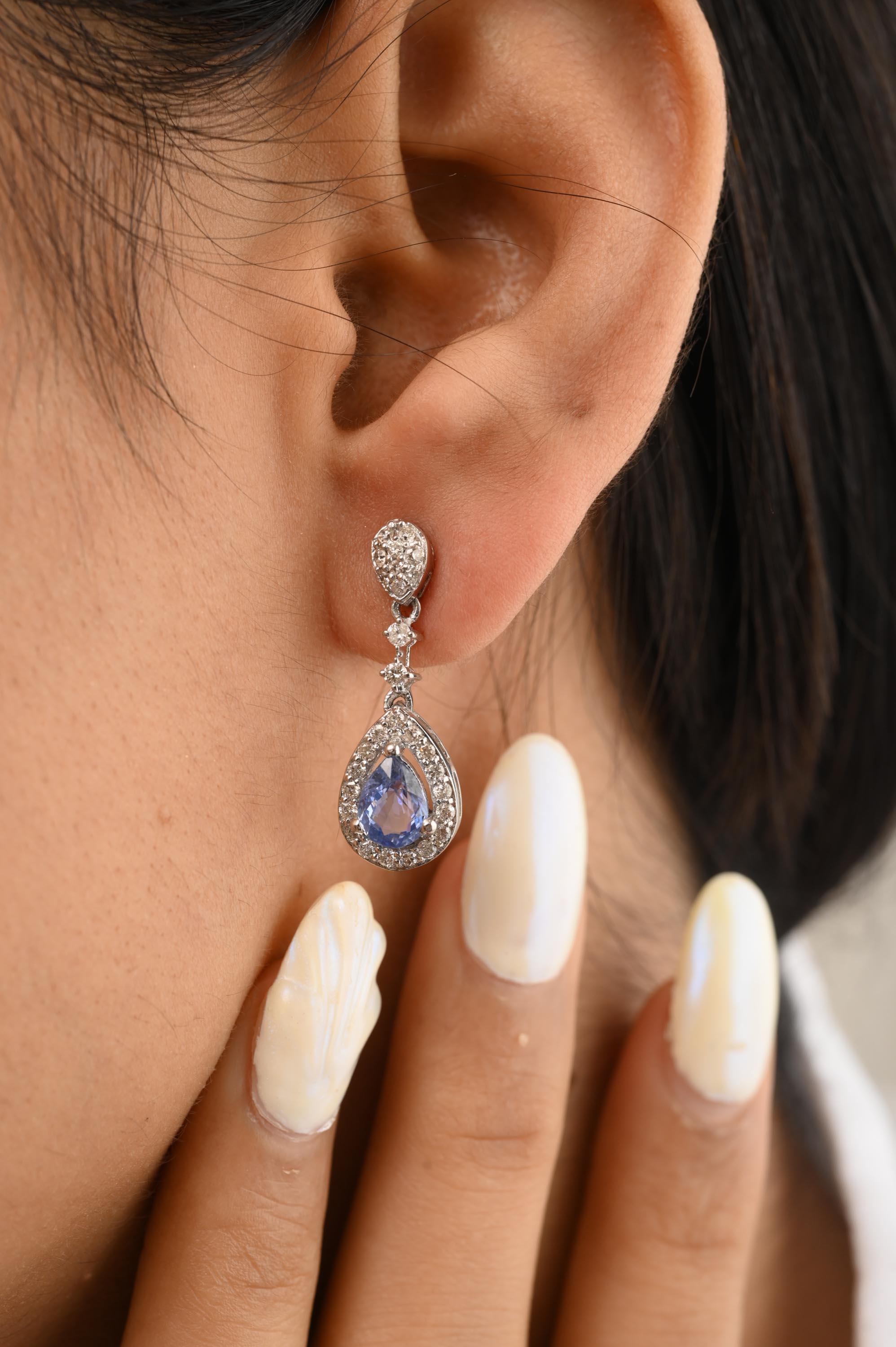 Modernist Genuine Blue Sapphire and Diamond Wedding Earrings in 14k Solid White Gold For Sale