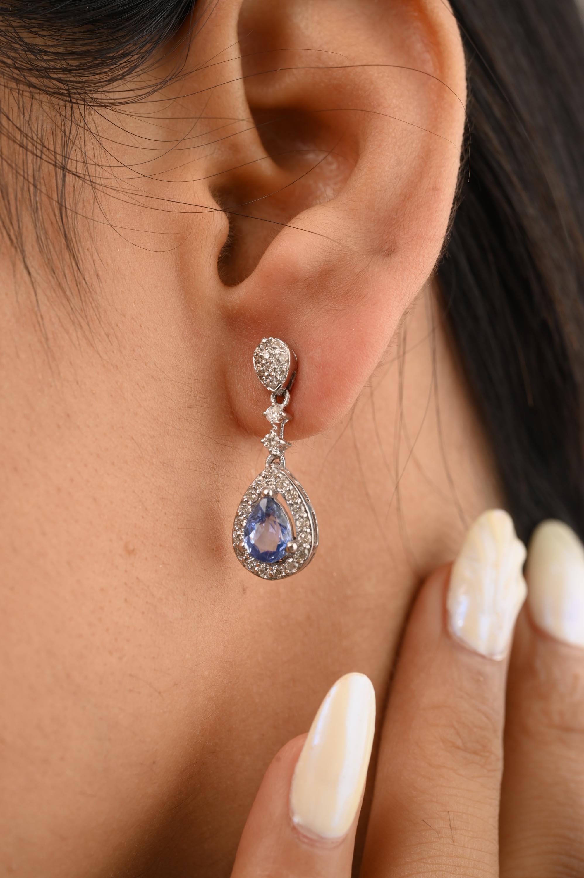 Pear Cut Genuine Blue Sapphire and Diamond Wedding Earrings in 14k Solid White Gold For Sale