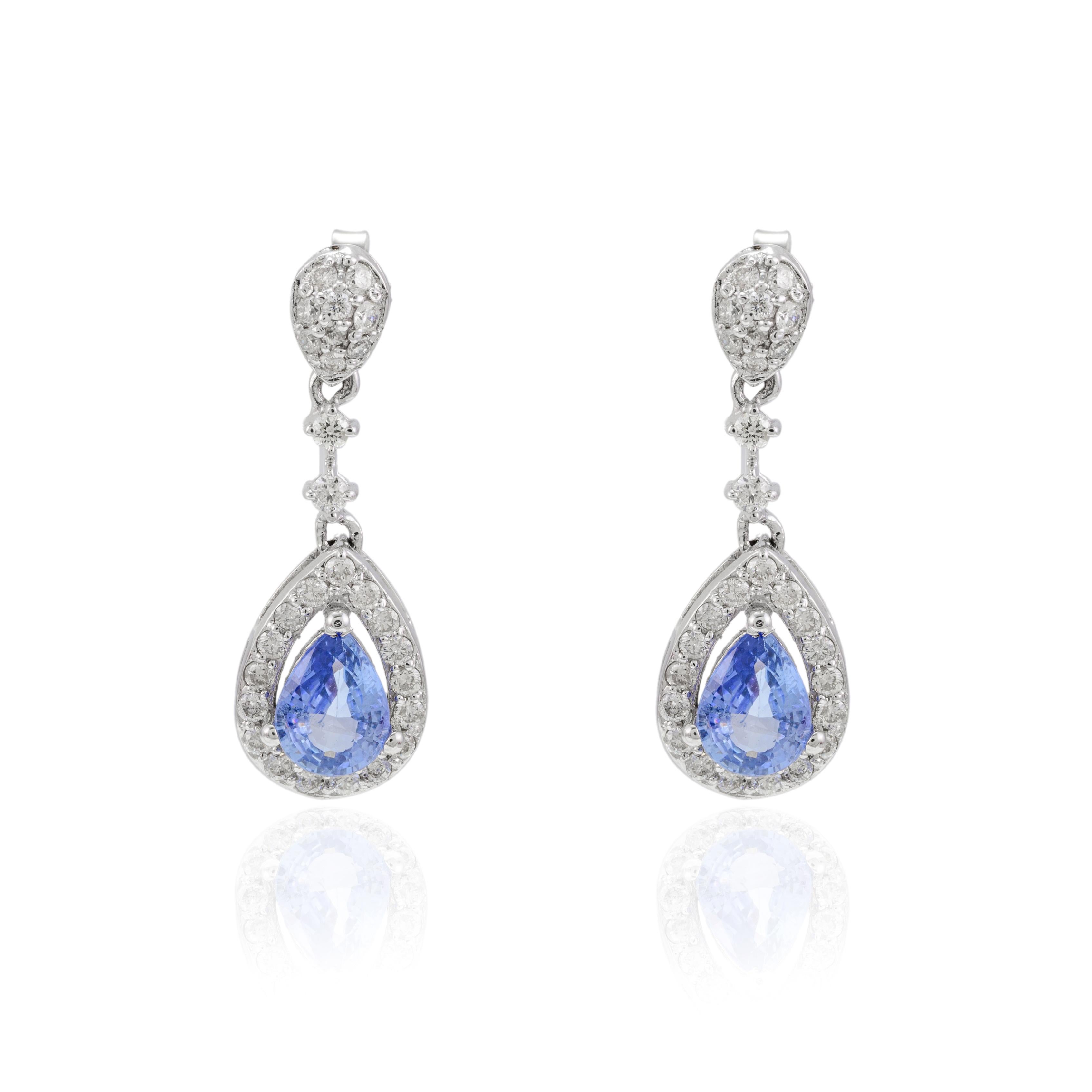 Genuine Blue Sapphire and Diamond Wedding Earrings in 14k Solid White Gold In New Condition For Sale In Houston, TX