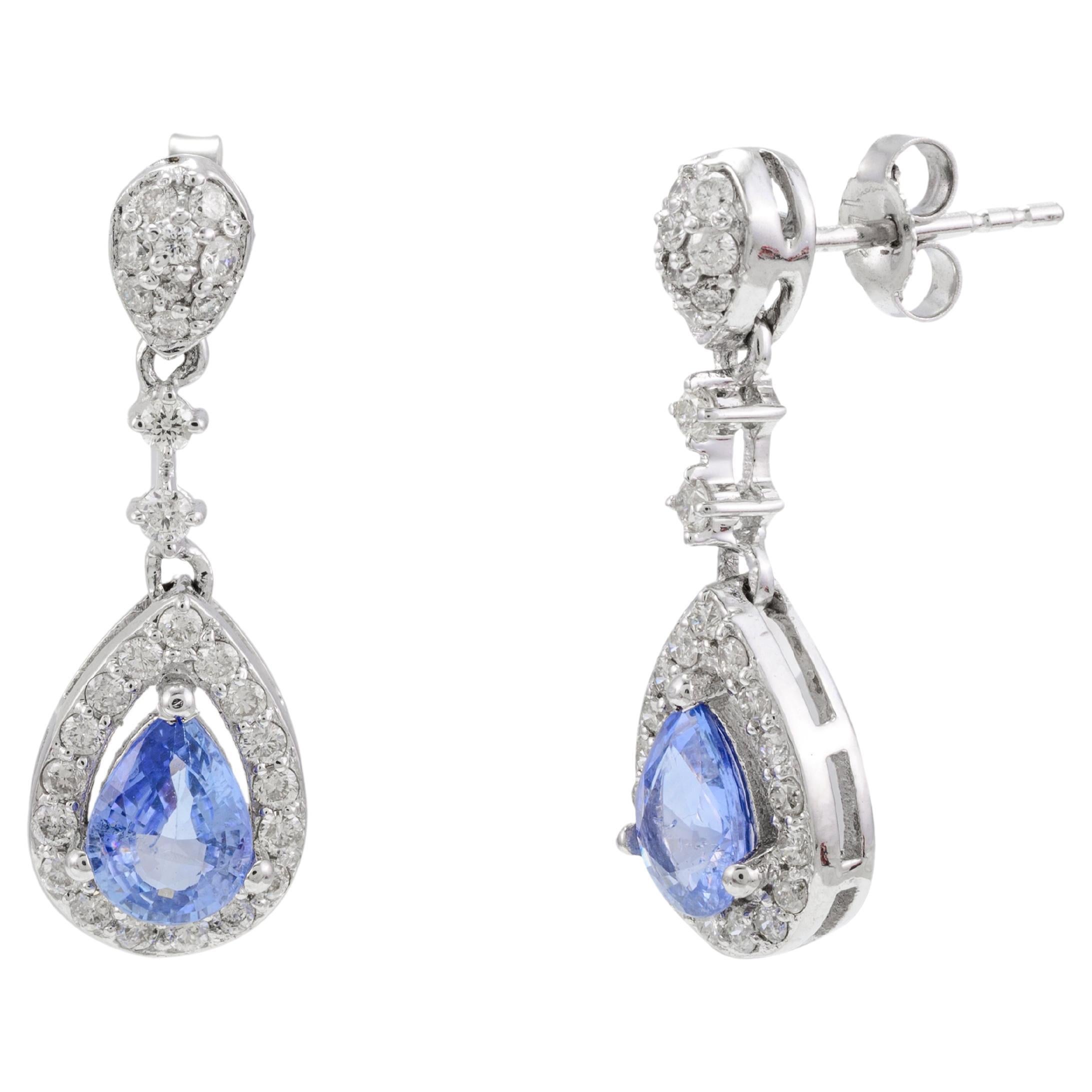 Genuine Blue Sapphire and Diamond Wedding Earrings in 14k Solid White Gold For Sale