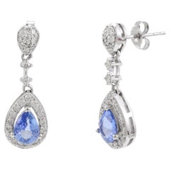 Genuine Blue Sapphire and Diamond Wedding Earrings in 14k Solid White Gold