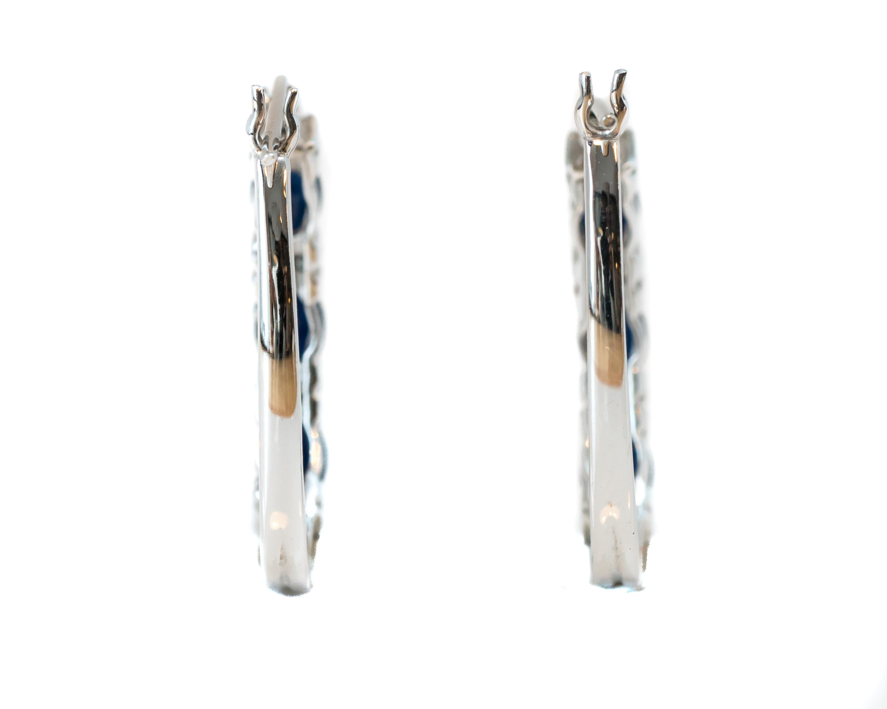 Contemporary Blue Sapphire and Diamond White Gold Hoop Earrings For Sale