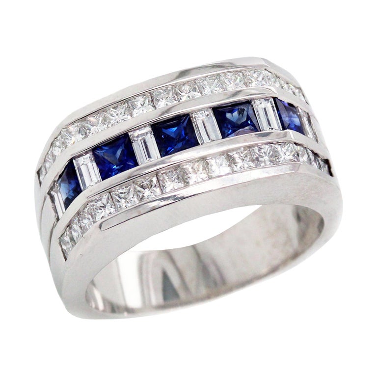 Men's Blue Sapphire And 1/4 Diamond Multi-Row Ring In 10K