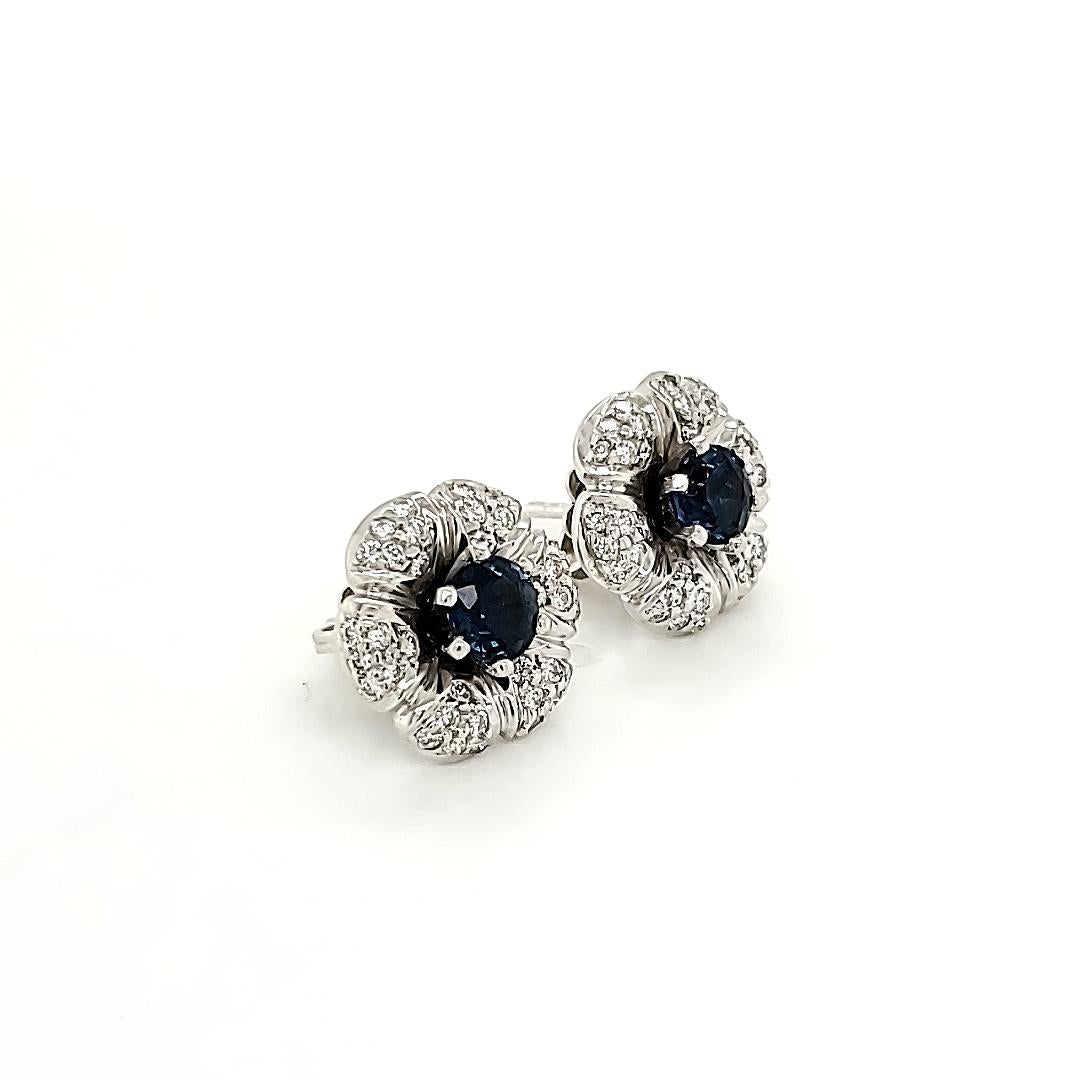 Round Cut Blue Sapphire and Diamond White Gold Stud Earrings For Sale