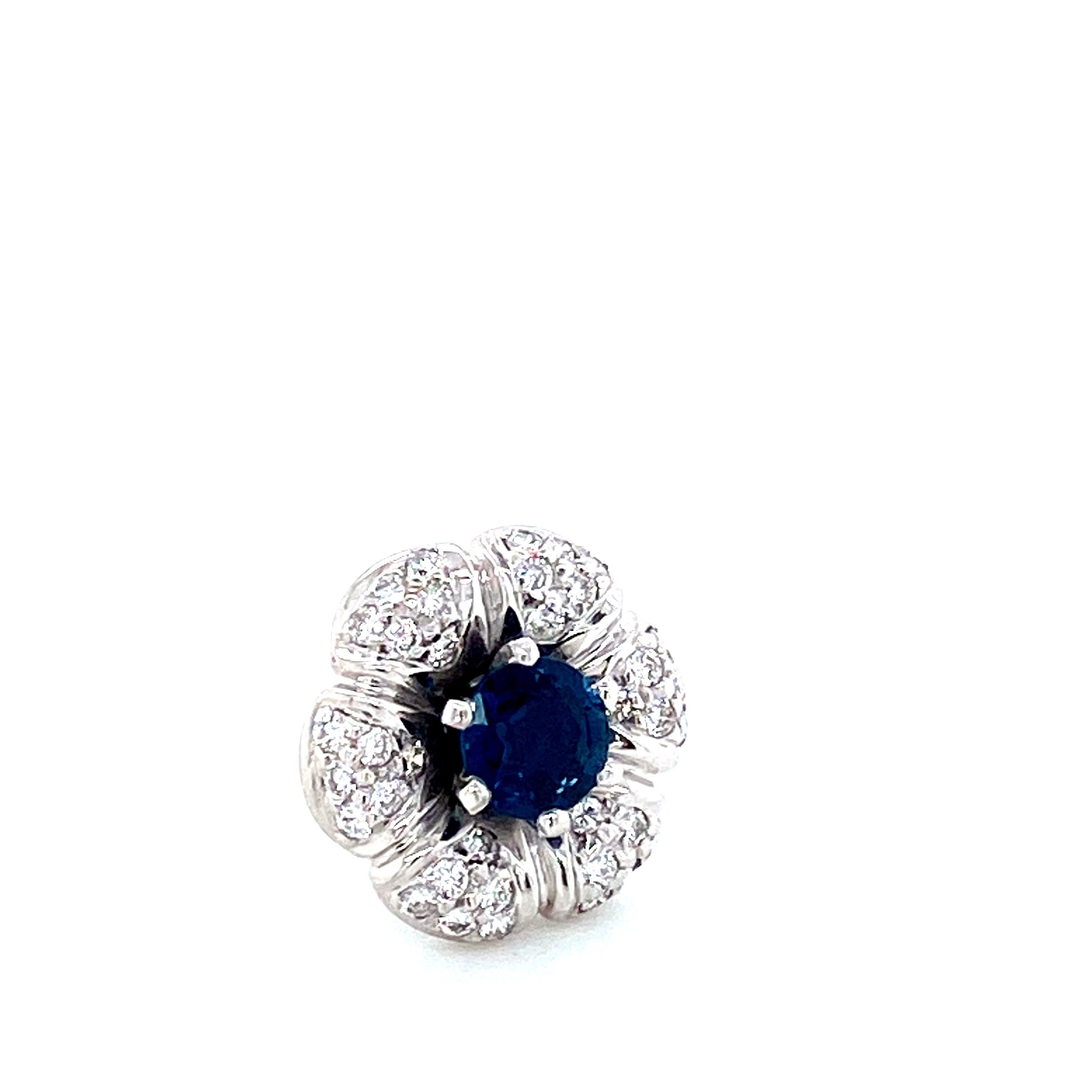 Round Cut Blue Sapphire and Diamond White Gold Stud Earrings For Sale