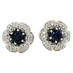 Vintage Blue Sapphire and Diamond White Gold Stud Earrings