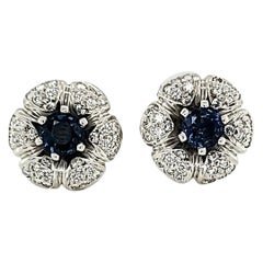 Retro Blue Sapphire and Diamond White Gold Stud Earrings