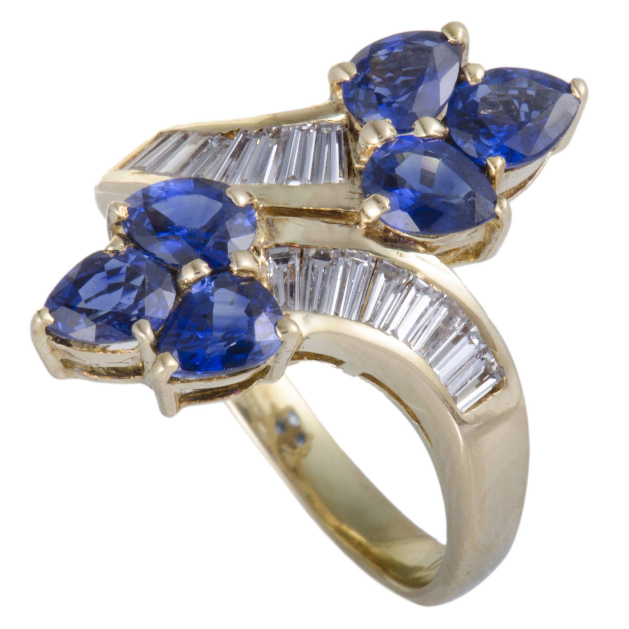 Blue Sapphire and Diamond Yellow Gold Bypass Ring
