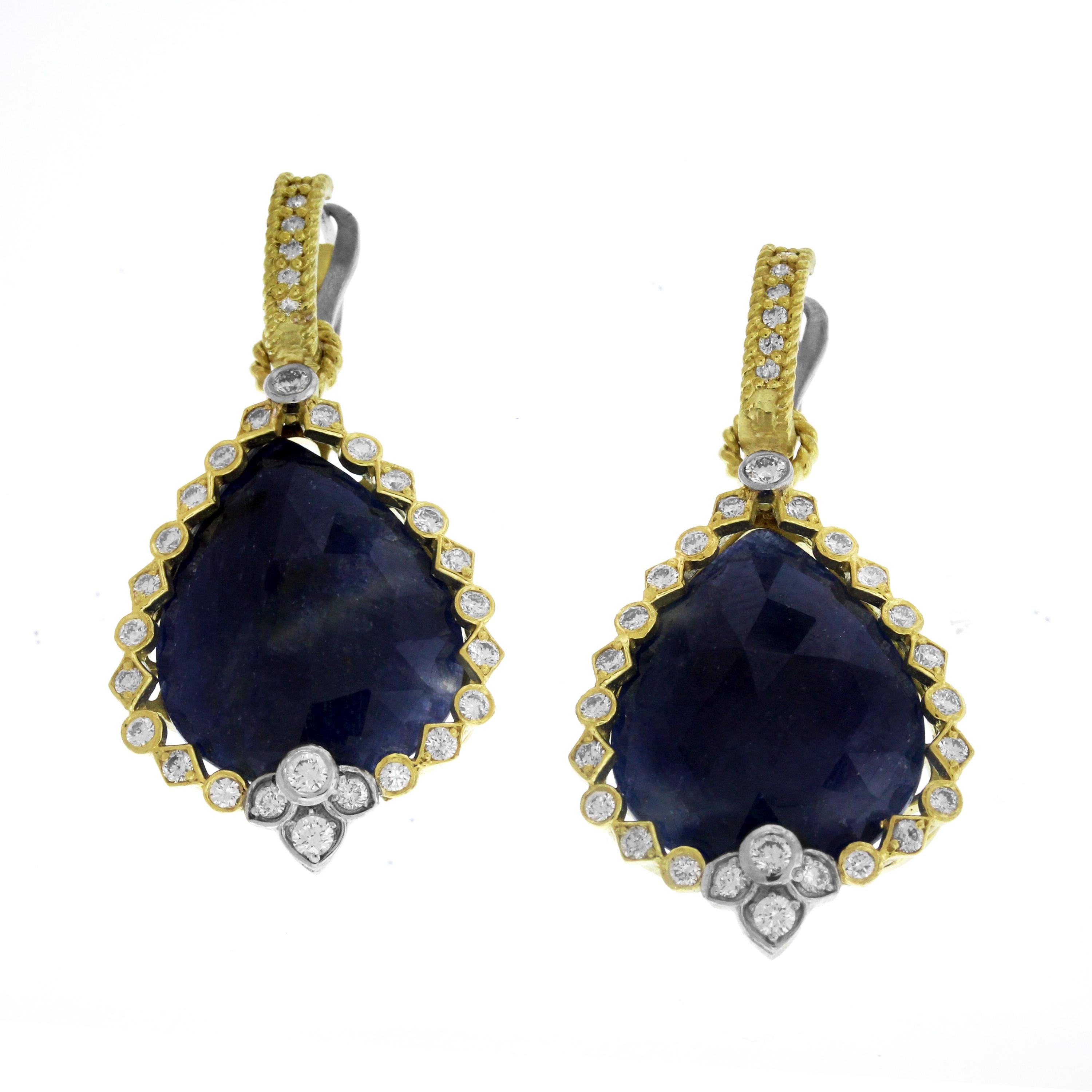 Rose Cut Blue Sapphire and Diamond Yellow Gold Drop Earrings Stambolian