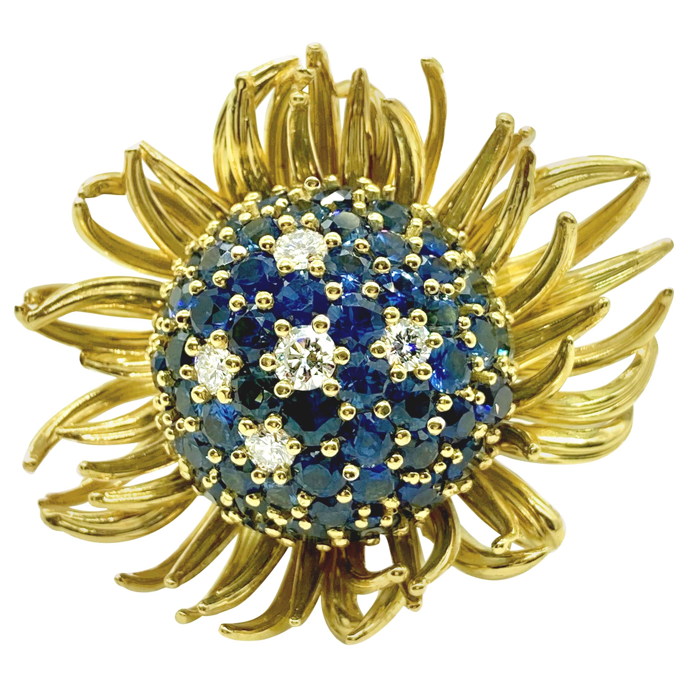 Blue Sapphire and Diamond Yellow Gold Flower Cocktail Ring For Sale