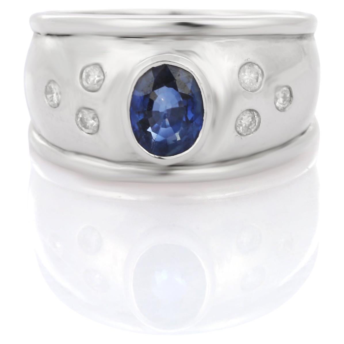 Blue Sapphire and Diamonds Domed Engagement Ring in 18K White Gold Unisex Ring