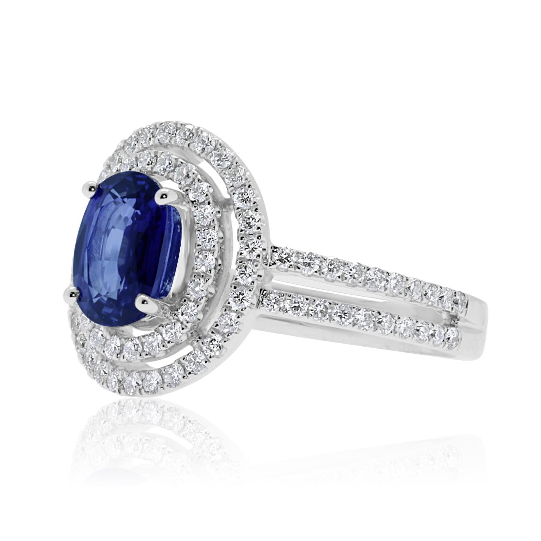 A great design for the modern and sophisticated bride to be.
oval shaped blue sapphire that matches perfectly with white diamonds.
the sapphire, weighs 1.71ct, is surrounded by a double row of white diamonds and has additional double row of white