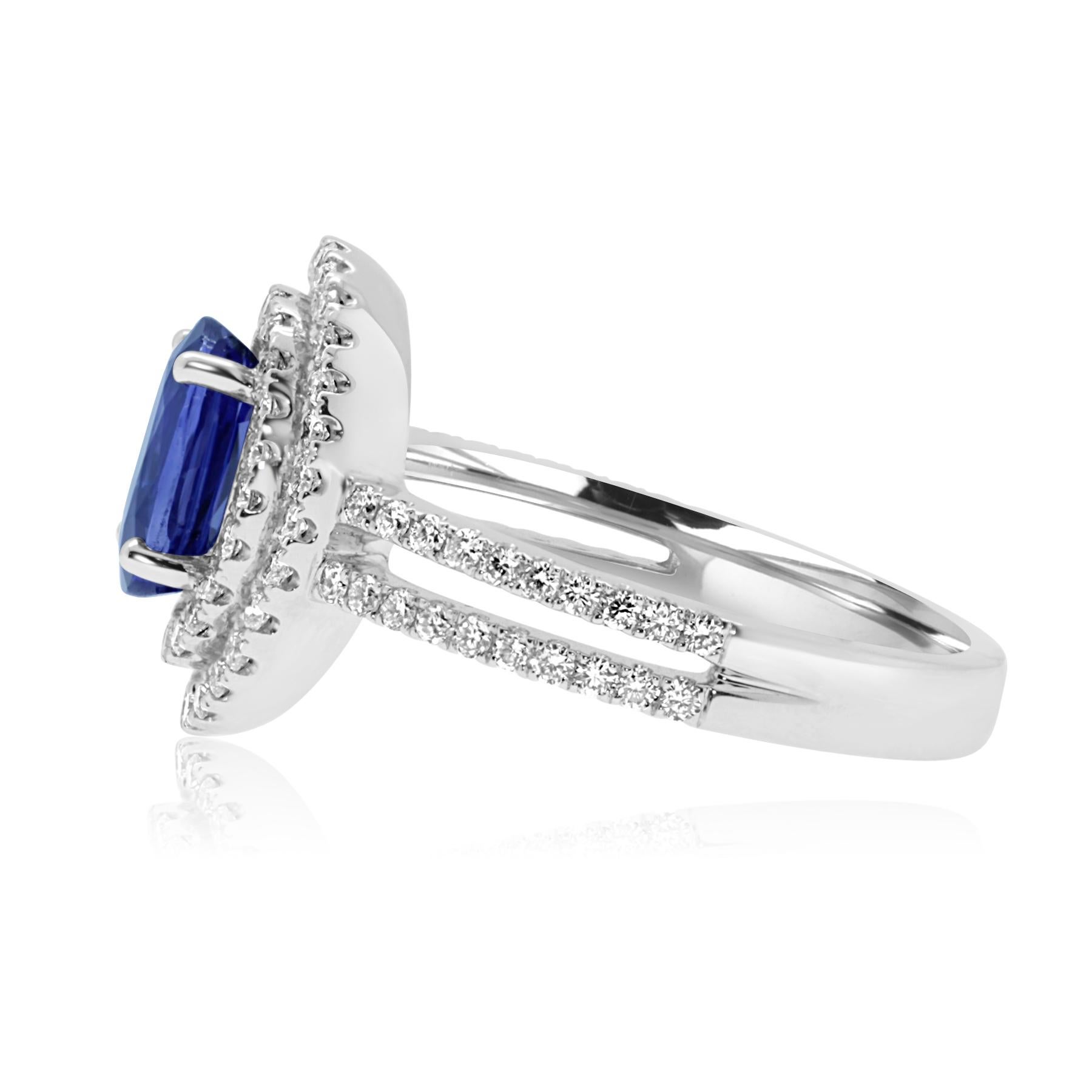 Contemporary Blue Sapphire and Diamonds Double Halo Engagement Ring in 18 Karat White Gold For Sale