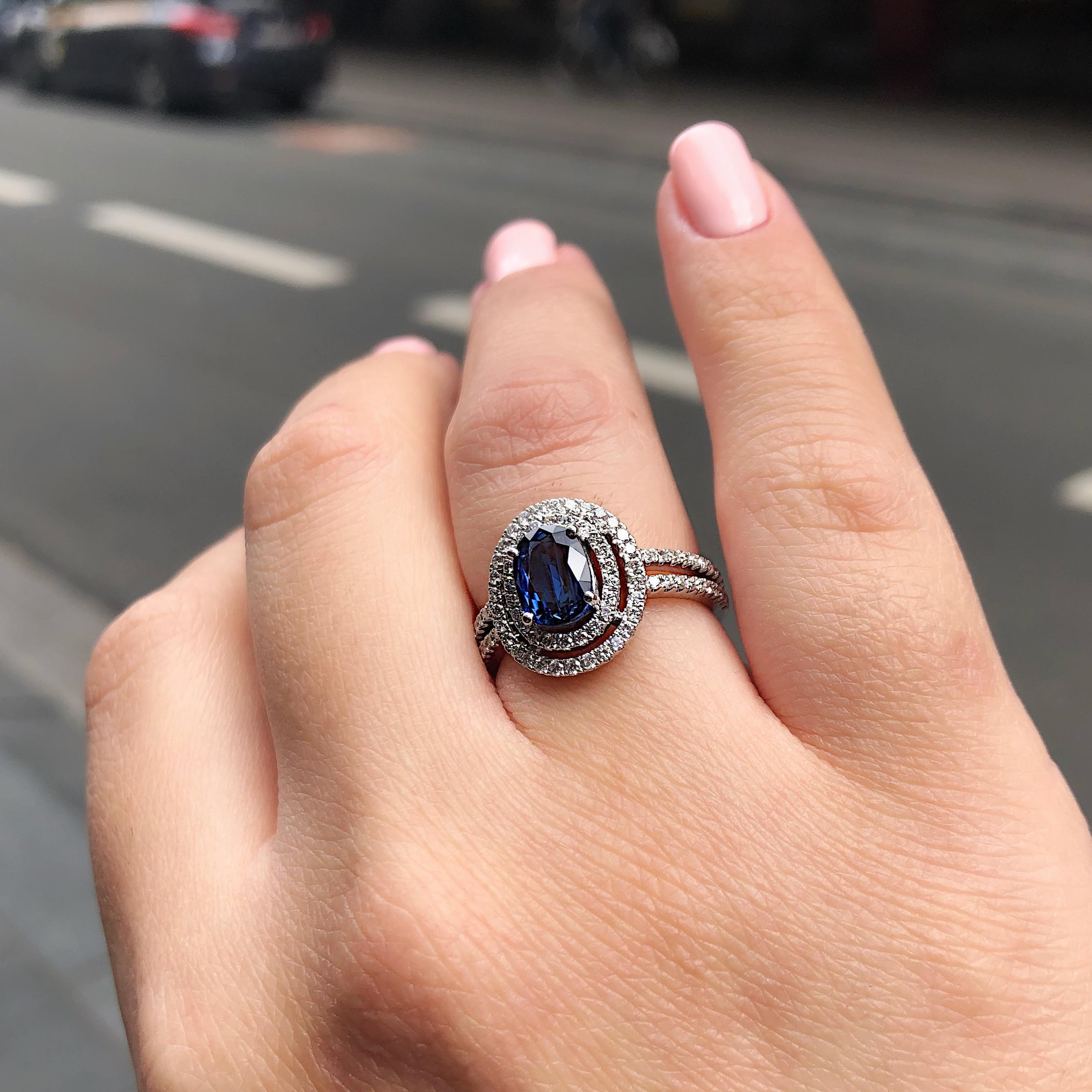 Blue Sapphire and Diamonds Double Halo Engagement Ring in 18 Karat White Gold For Sale 1