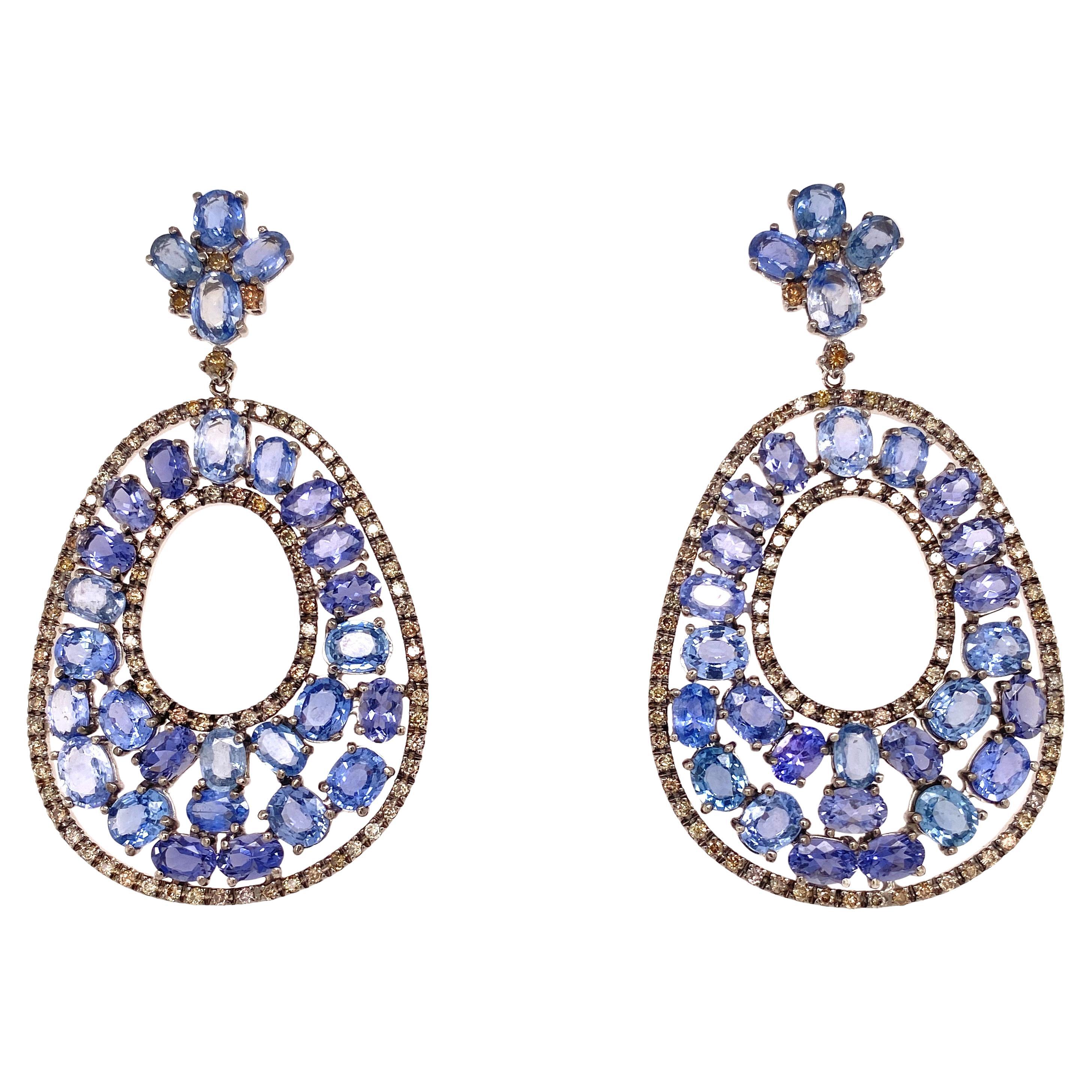 18K Chandelier Natural  Blue sapphire and diamonds earrings