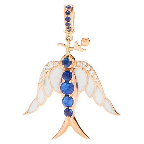 Blue Sapphire and Diamonds, Enamel Bird Pendant