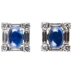 Blue Sapphire and Diamonds in White Gold Square Stud Earrings