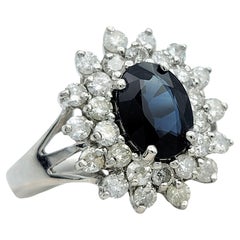 Blue Sapphire and Double Diamond Halo Cocktail Ring in 14 Karat White Gold