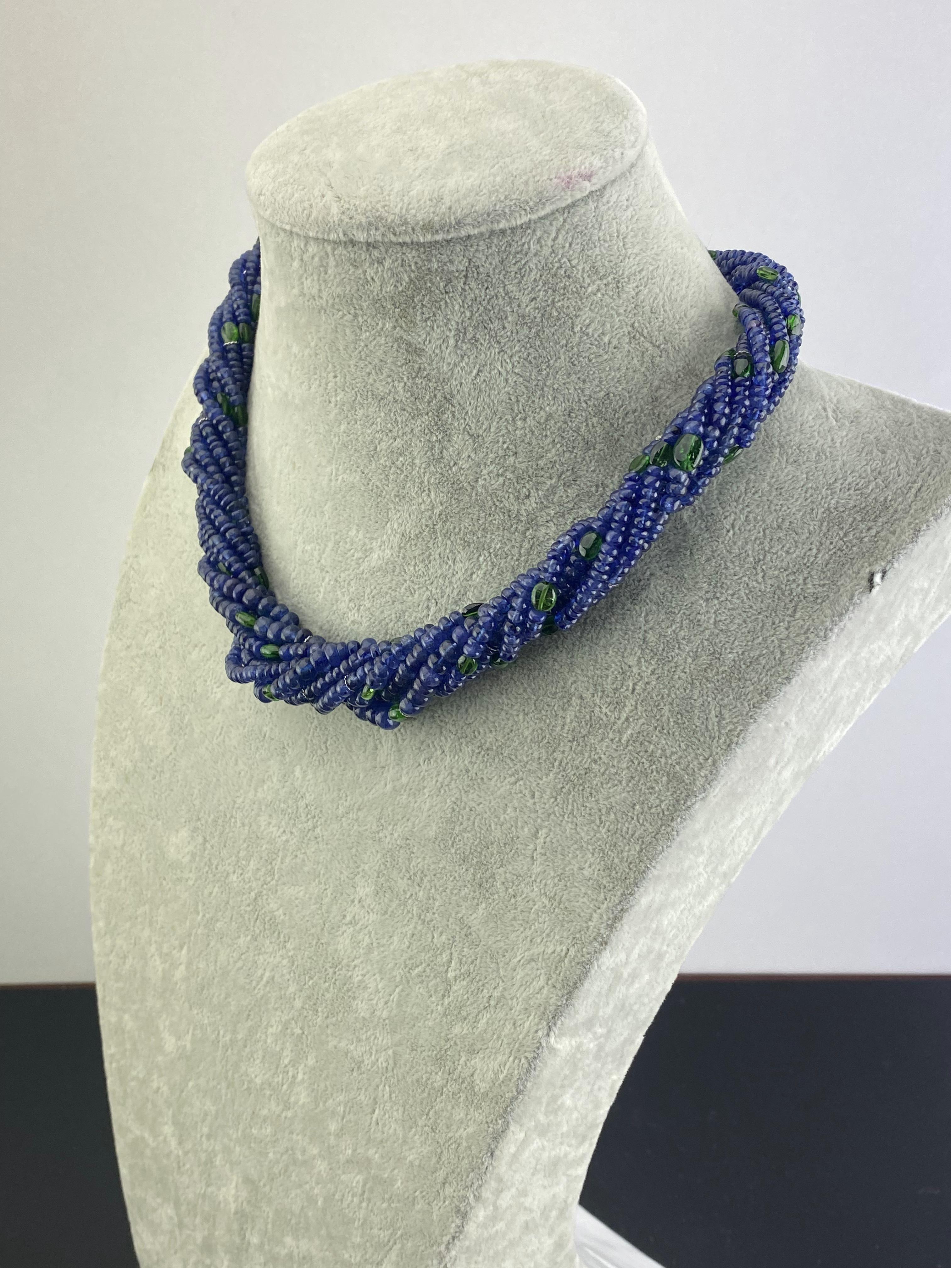 Art Deco Blue Sapphire and Emerald Multi Strand Beaded Necklace For Sale