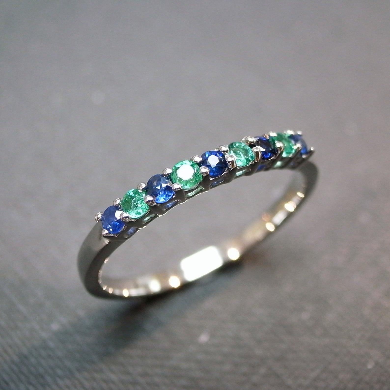 For Sale:  Blue Sapphire and Emerald Wedding Ring Stackable Ring in 18K White Gold 2