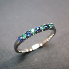 Blue Sapphire and Emerald Wedding Ring Stackable Ring in 18K White Gold