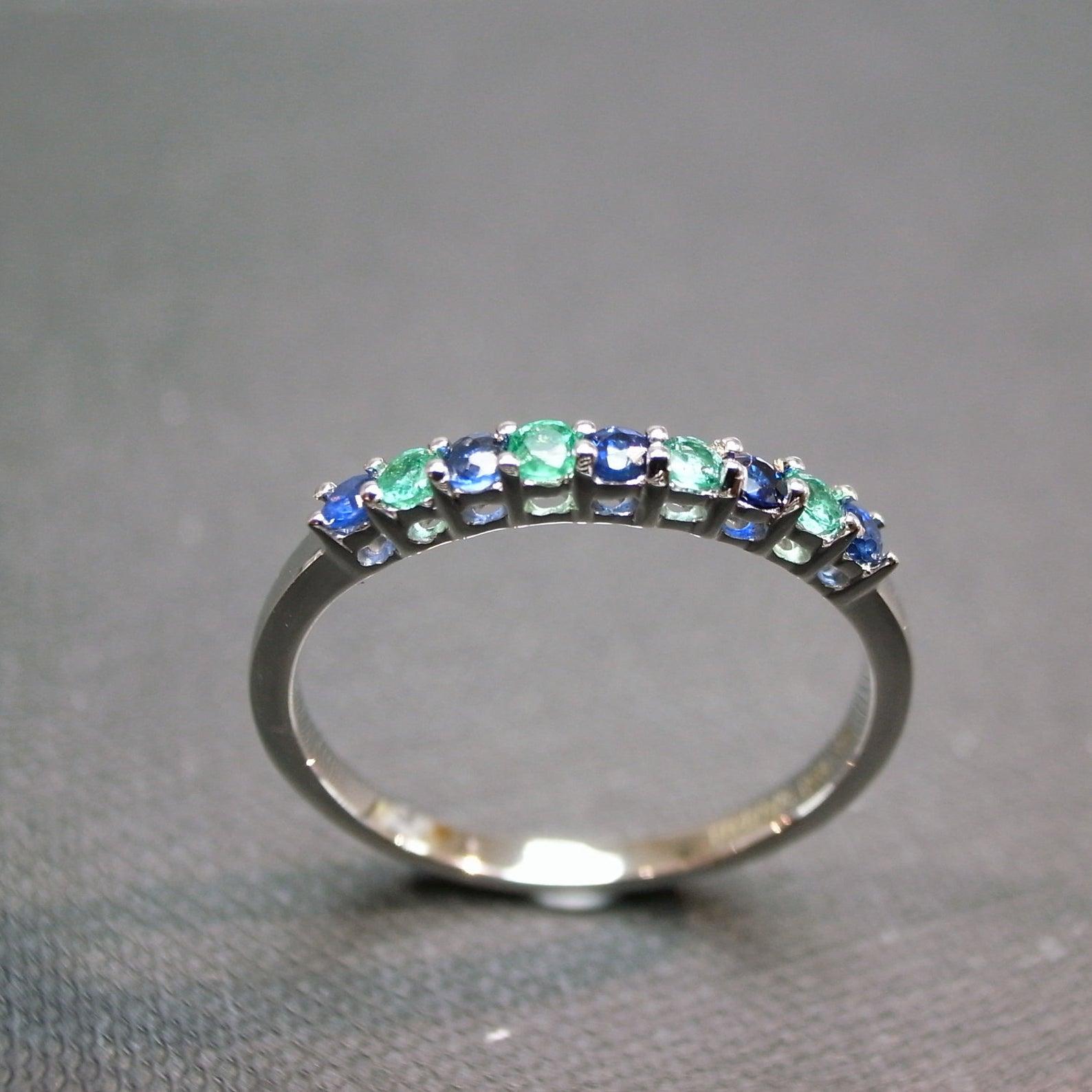 For Sale:  Blue Sapphire and Emerald Wedding Ring Stackable Ring in 18K White Gold 3