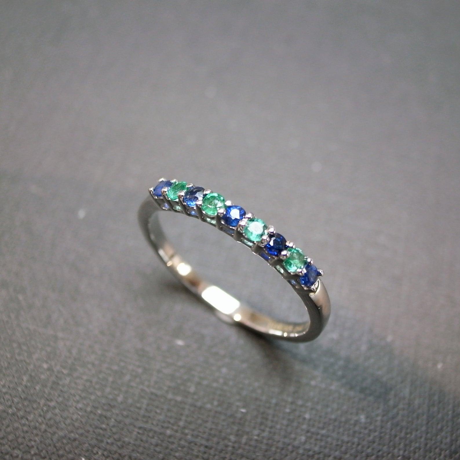 For Sale:  Blue Sapphire and Emerald Wedding Ring Stackable Ring in 18K White Gold 5