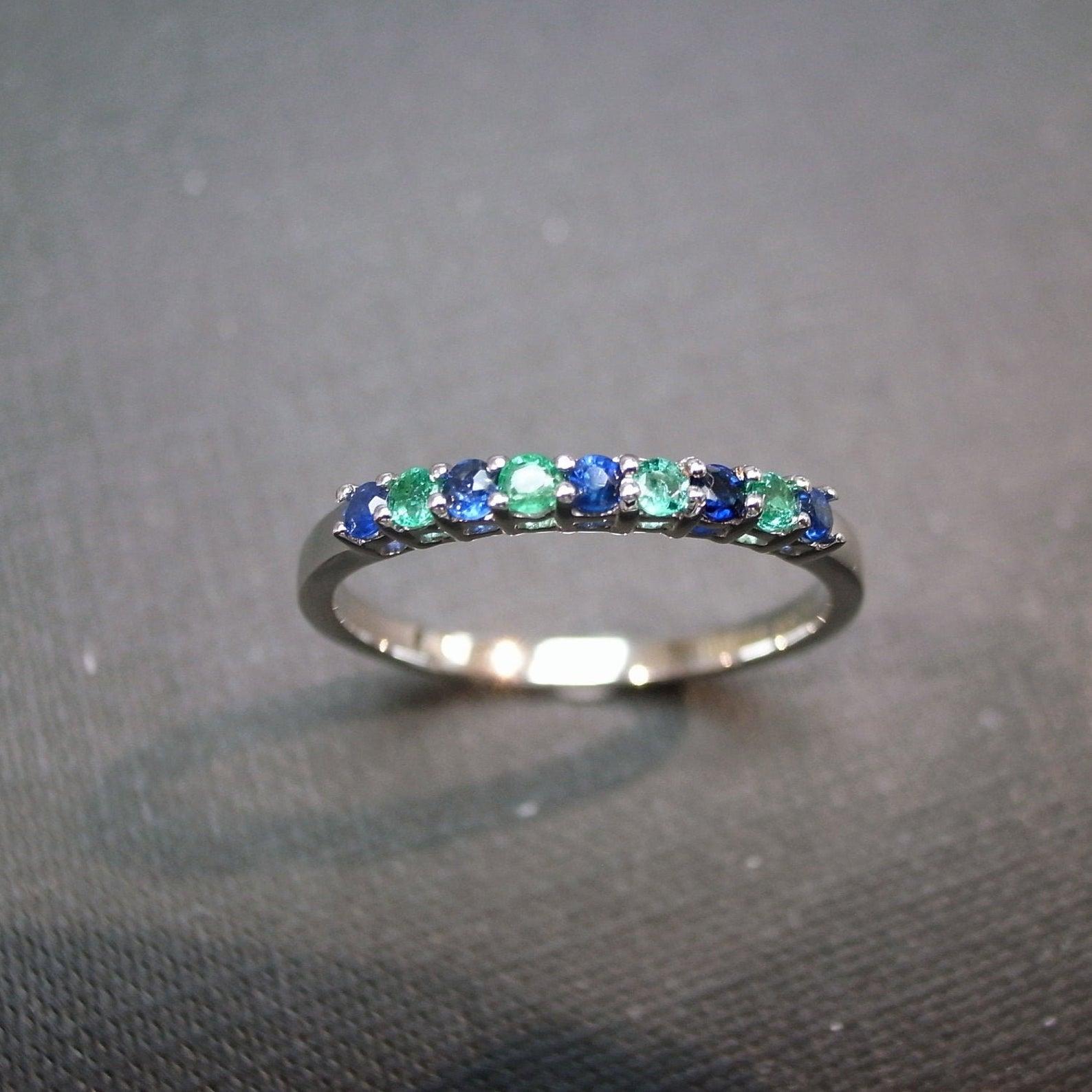 For Sale:  Blue Sapphire and Emerald Wedding Ring Stackable Ring in 18K White Gold 6