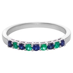 Blue Sapphire and Emerald Wedding Ring Stackable Ring in 18K White Gold