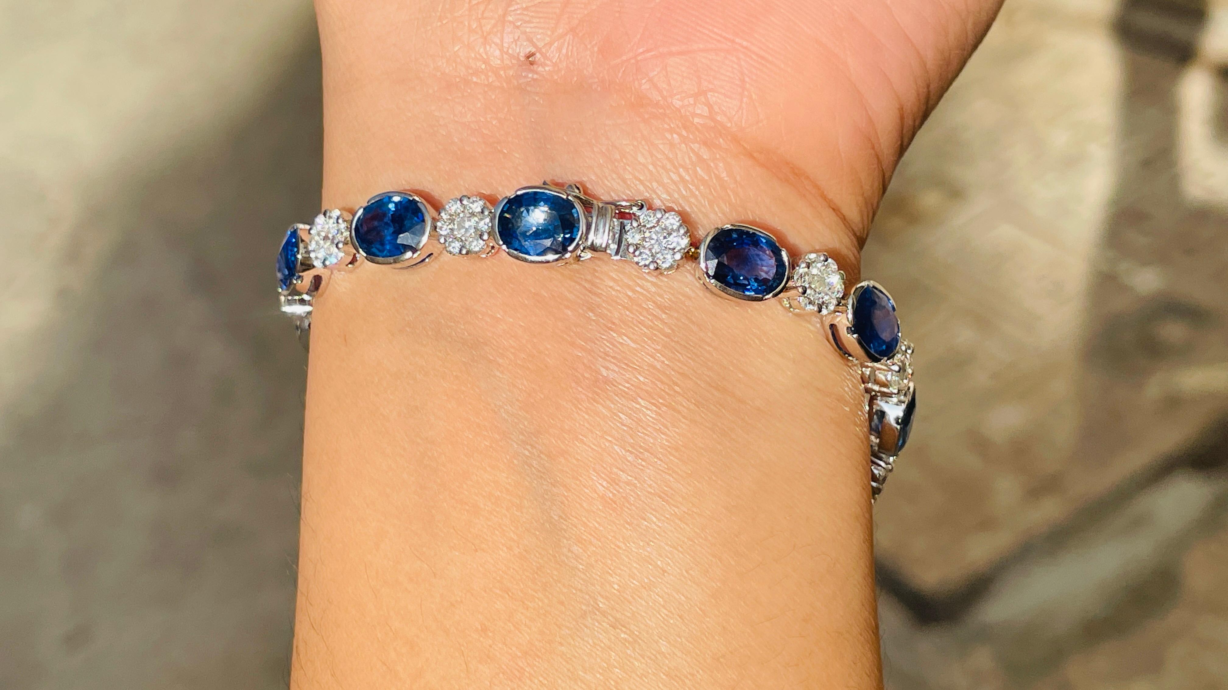 Blue Sapphire and Diamond bracelet in 18K Gold. It has a perfect oval cut gemstone to make you stand out on any occasion or an event.
A tennis bracelet is an essential piece of jewelry when it comes to your wedding day. The sleek and elegant style