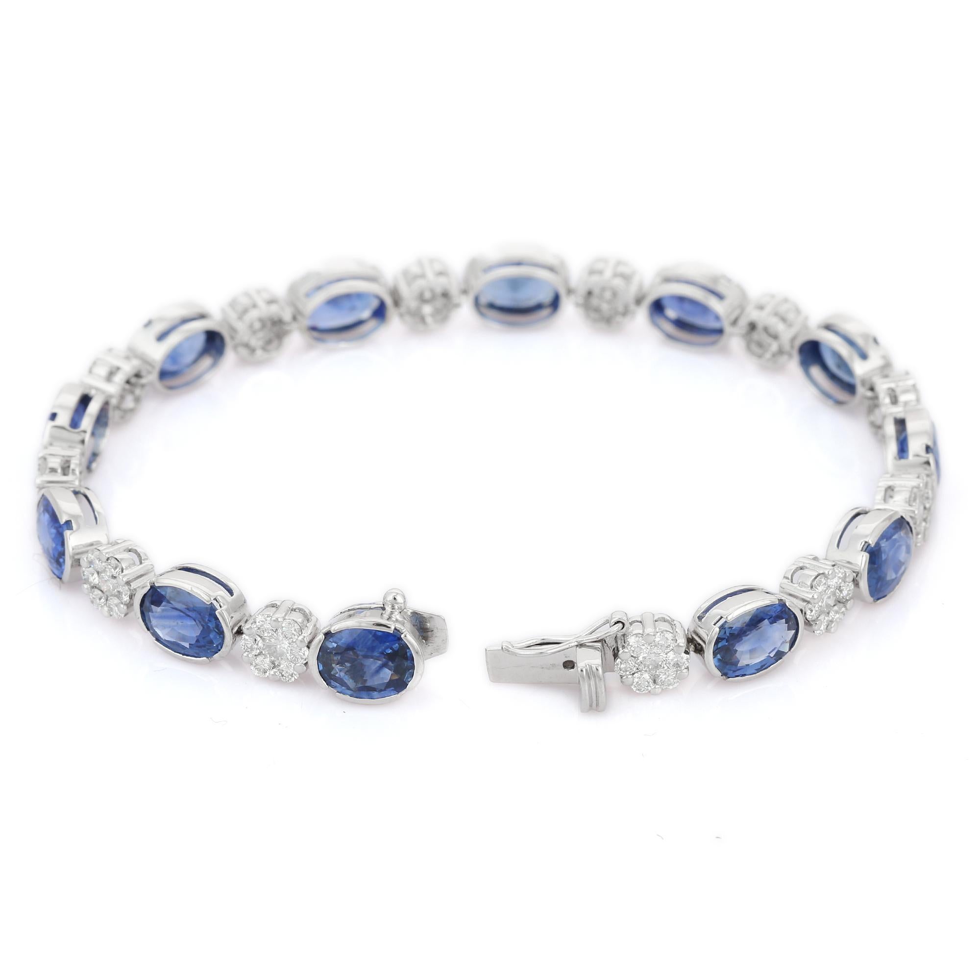 Women's Blue Sapphire and Flower Diamond Tennis Bracelet in 18K White Gold For Sale