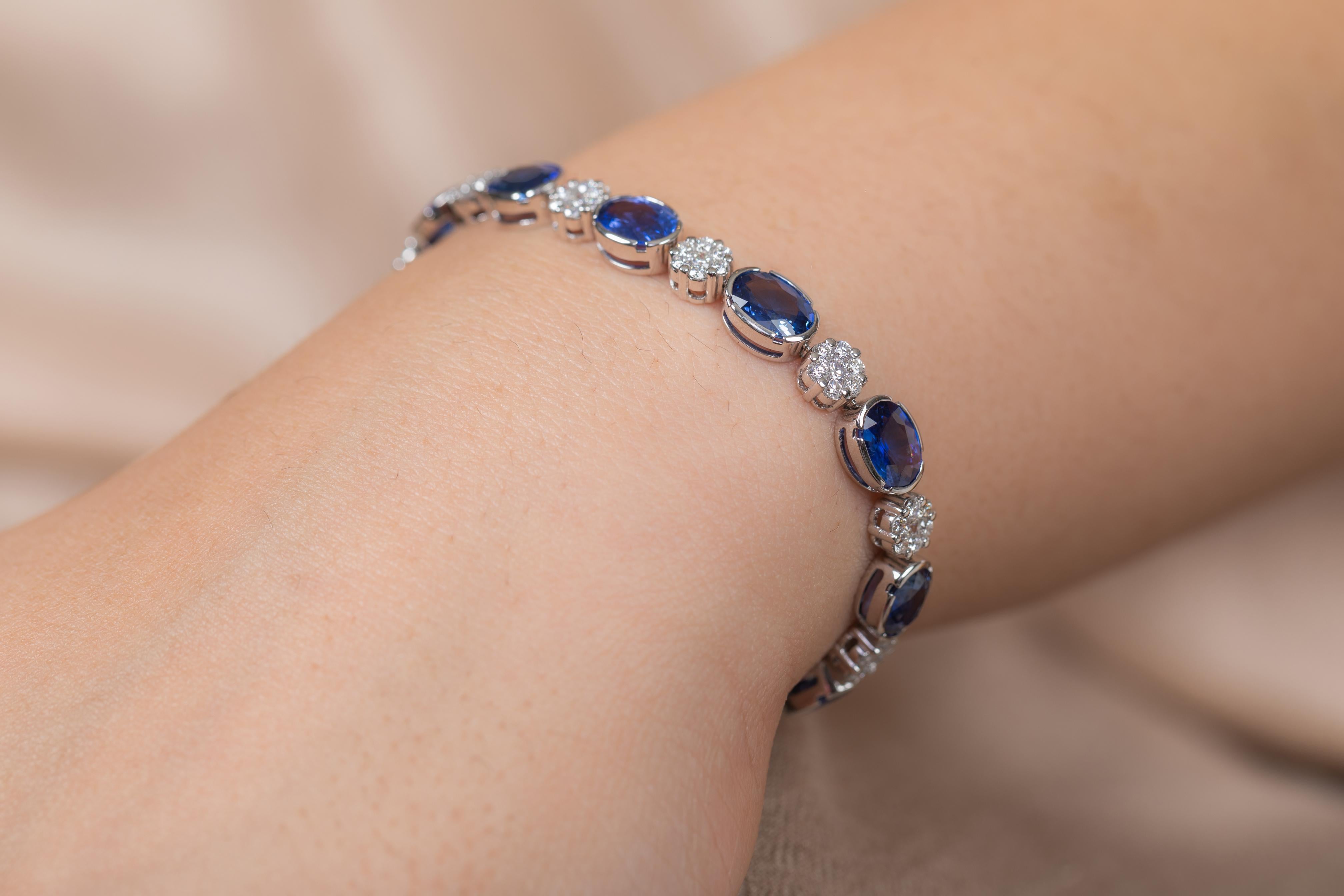 Blue Sapphire and Flower Diamond Tennis Bracelet in 18K White Gold For Sale 1