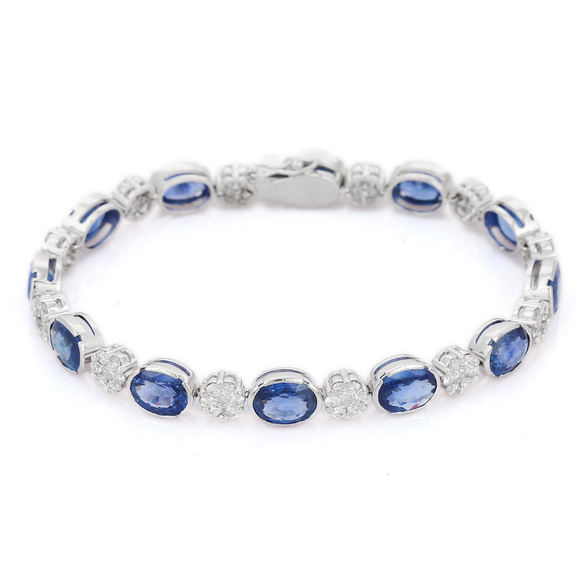Blue Sapphire and Flower Diamond Tennis Bracelet in 18K White Gold For Sale 2