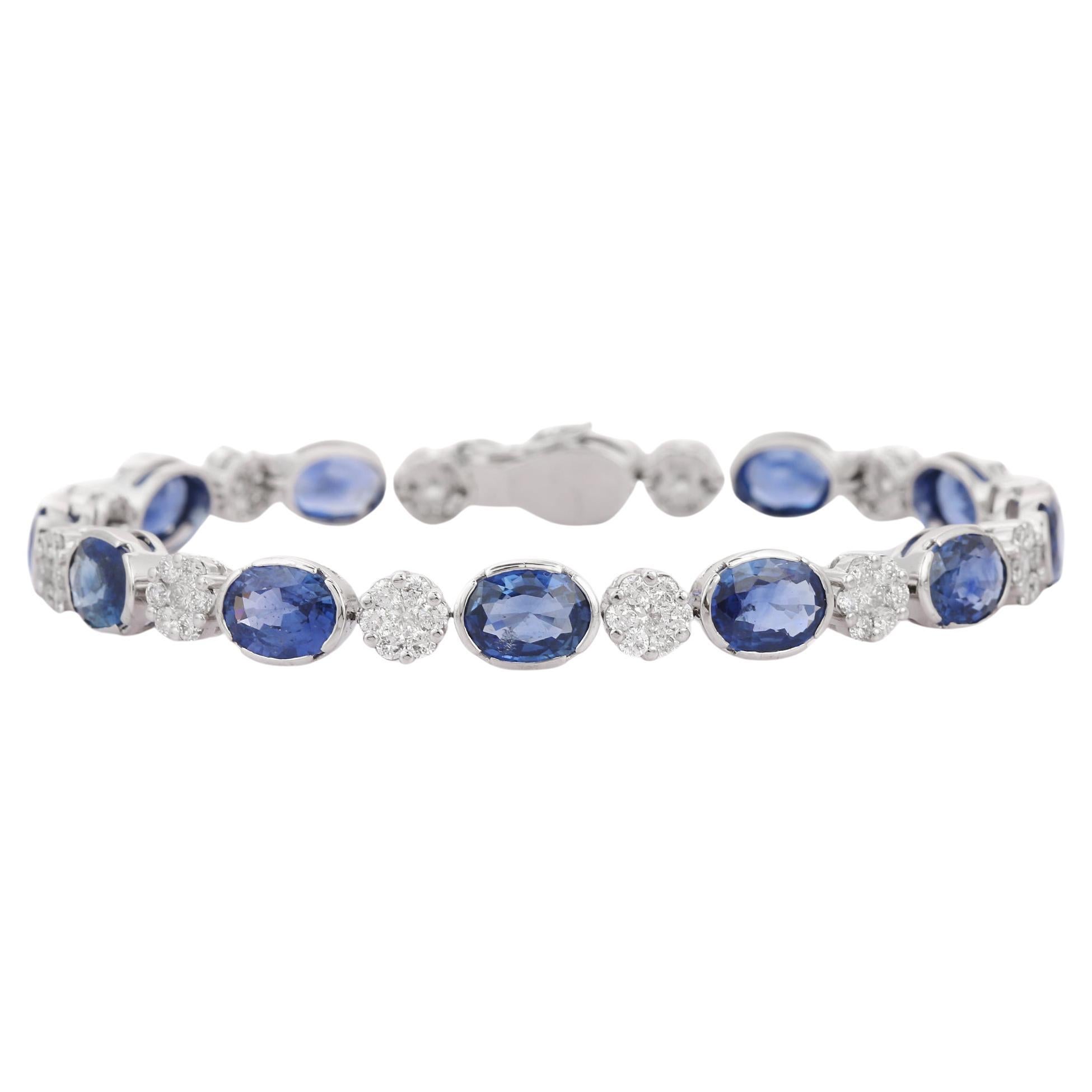 Blue Sapphire and Flower Diamond Tennis Bracelet in 18K White Gold For Sale