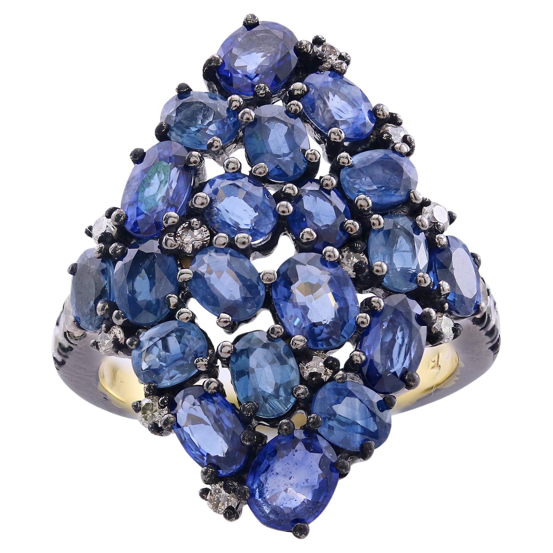 Blue Sapphire and Light Brown Diamond Victorian Cluster Ring in 18k/925 Gold  For Sale